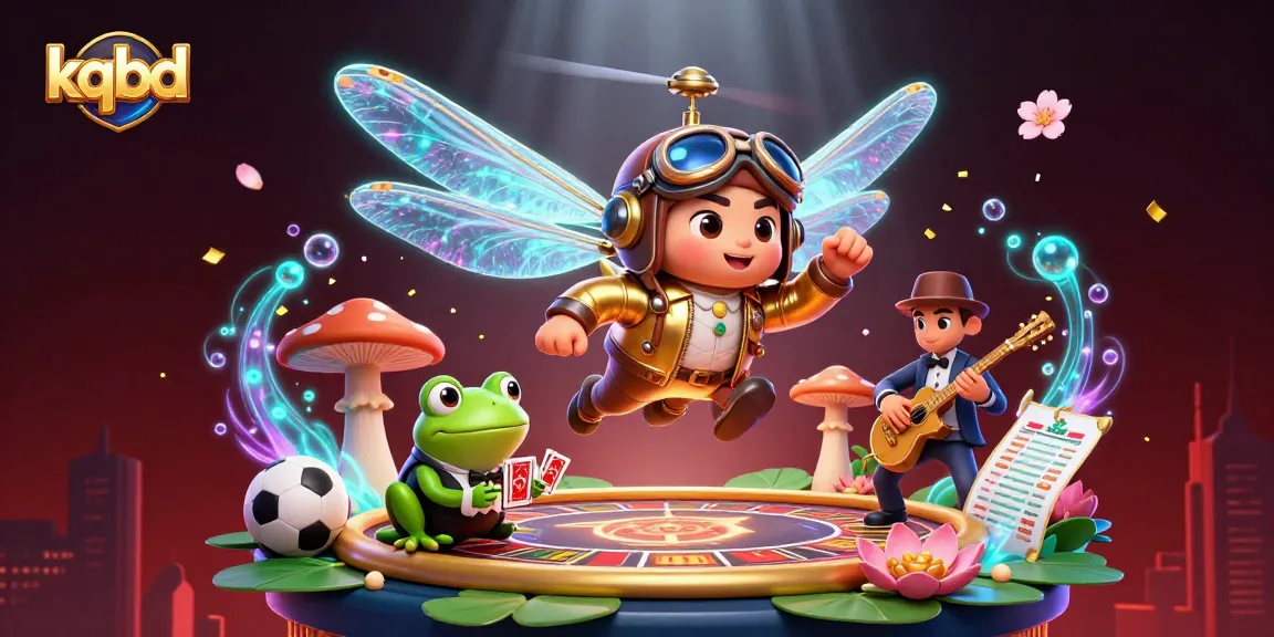 KQBD sports betting scene featuring a dragonfly pilot and frog croupier amidst vibrant casino elements.