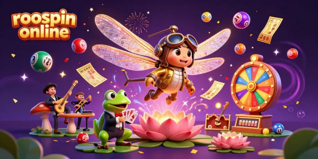 Engage with roospin online through vibrant gaming scenes featuring an energetic dragonfly pilot and lively croupiers.