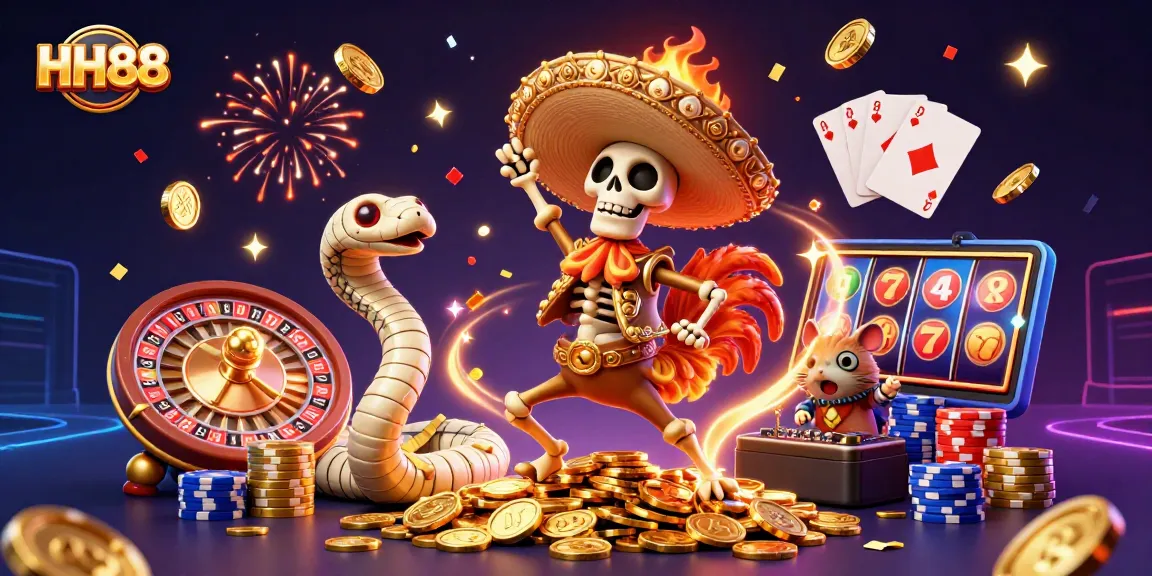 Engage in thrilling gameplay at HH88 with exciting casino characters amidst golden winnings.
