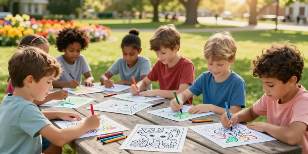 Children enjoying outdoor creativity with freecoloringsheets.net coloring sheets, vibrant park setting.