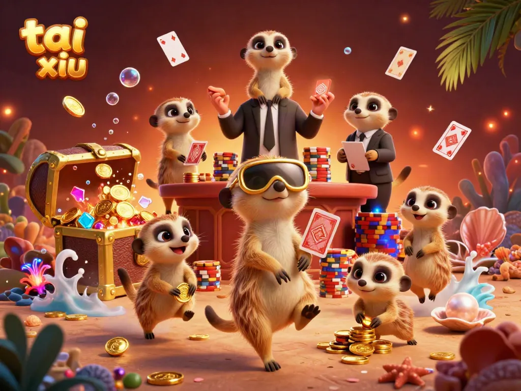 Experience tai xiu excitement with cartoon meerkats running a vibrant casino scene filled with treasures.