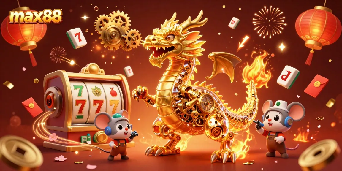 Engage with max88 through vibrant slot reels and a golden dragon in a dynamic 3D casino scene.