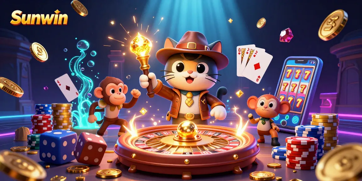 Experience thrilling games at Sunwin with a treasure-hunting archaeologist and monkey, surrounded by dazzling casino elements.