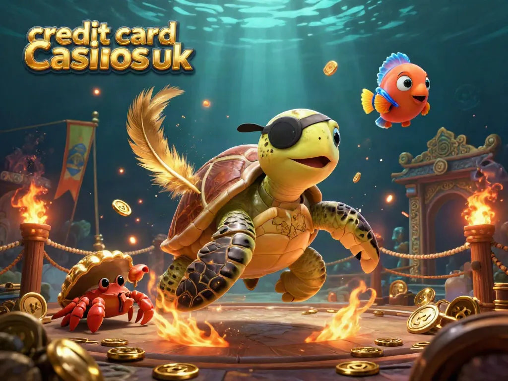 Immerse in credit card casinos uk themed 3D illustration featuring a pirate turtle, hermit crab, and parrotfish over treasures.