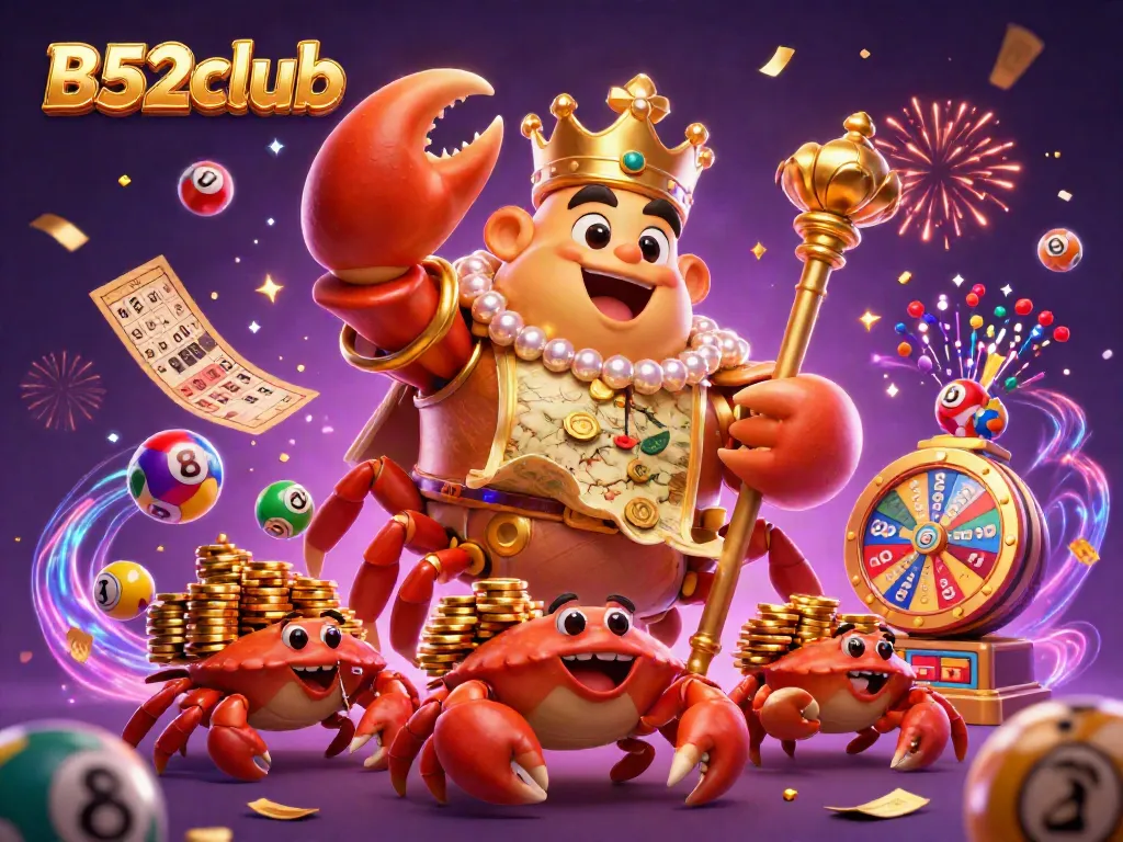 Engage with B52club's vibrant gaming scene featuring an emperor crab, treasure map, and lively lottery elements.