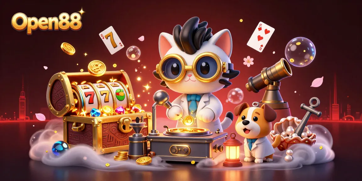 Open88 showcases a fun 3D animated scene with a scientist cat and assistant, emphasizing exciting casino elements.