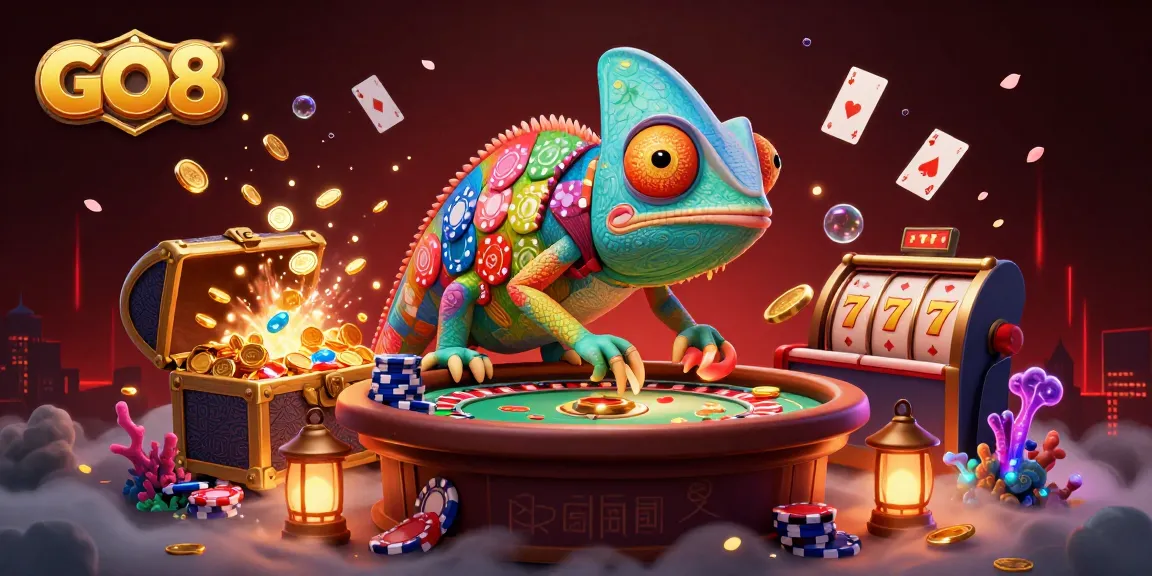Experience the vibrant GO8 casino scene with a chameleon owner and dynamic gaming elements.