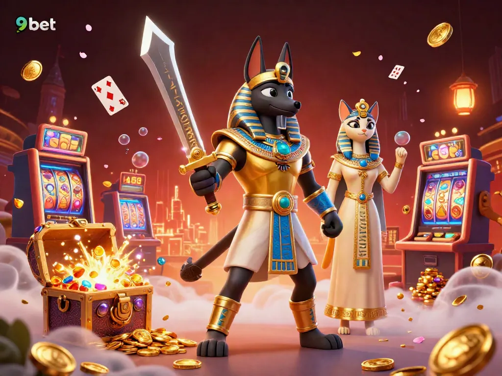 Experience exciting gameplay and treasures at 9bet with Anubis and Bastet in this casino-themed scene.