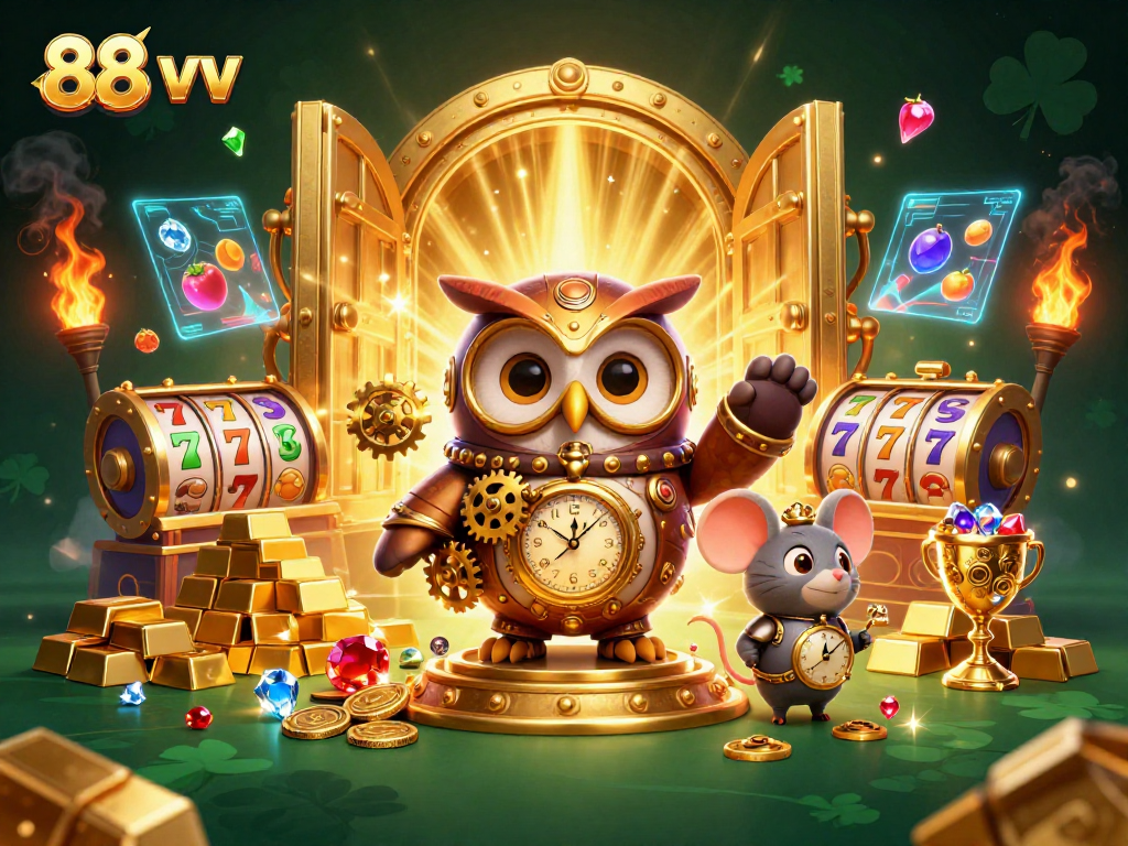 Spin slots at 88 vv with a time-traveling owl amid treasures flowing in gold light.
