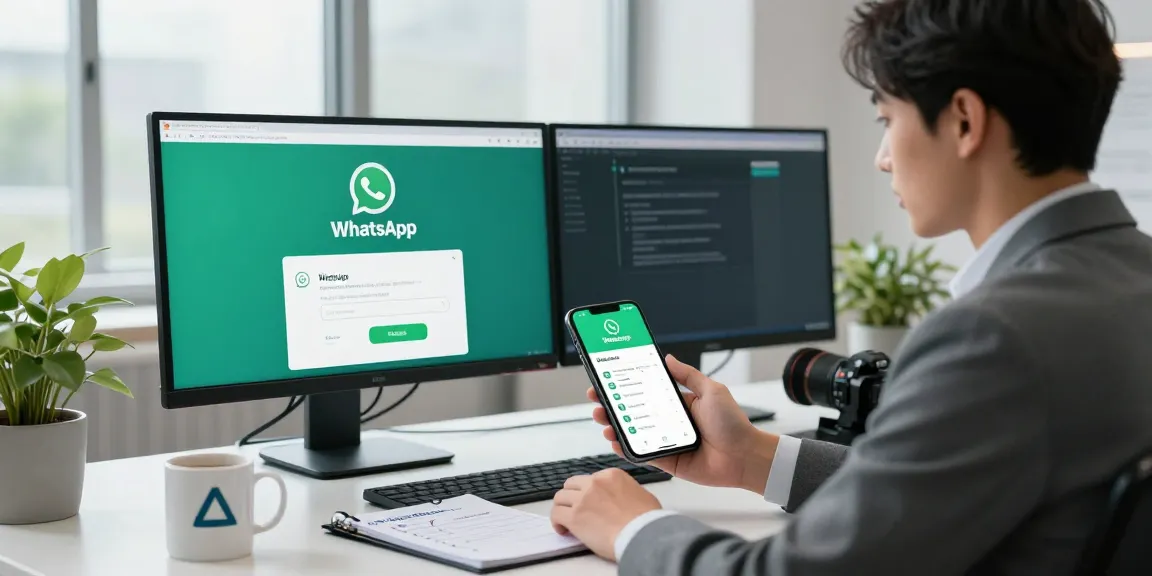 Young professional using WhatsApp下載 on smartphone in modern workspace