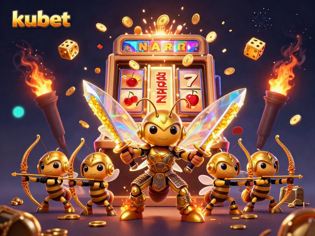 Engage in thrilling slots and games at kubet with a vibrant 3D illustration of a samurai hornet and bee archers.