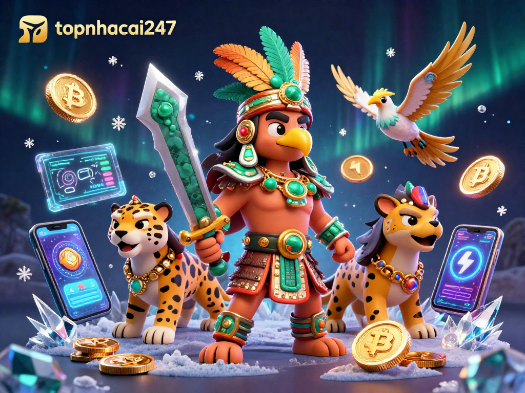 Experience thrilling moments in topnhacai247's immersive crypto gaming scene with warriors and vibrant digital elements.