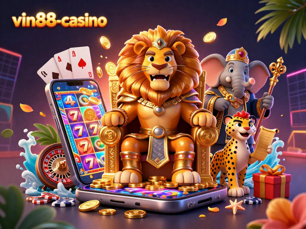 Experience the excitement of vin88-casino with a regal lion king and dynamic casino games in 3D.