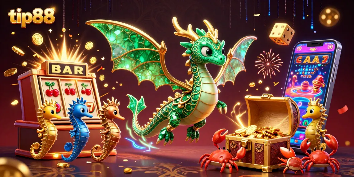 Experience exhilarating gaming with tip88, showcasing a dragon and a treasure chest amidst casino elements.