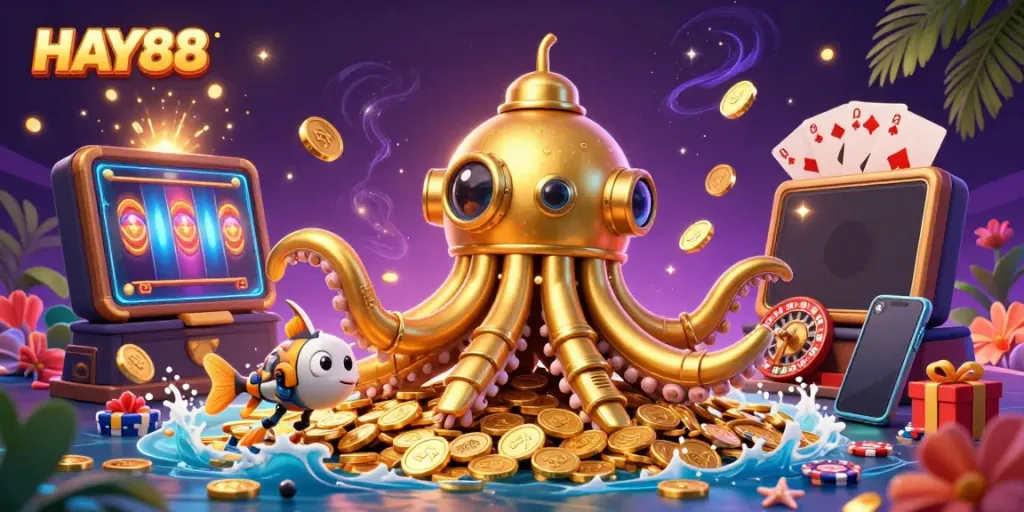 Immerse in HAY88's vibrant sea of games with a golden kraken submarine amidst coins and captivating slot action.