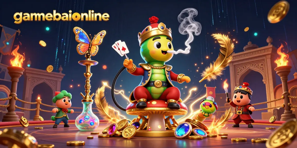 Engage with gamebaiionline as a caterpillar sultan surrounded by casino-themed elements.