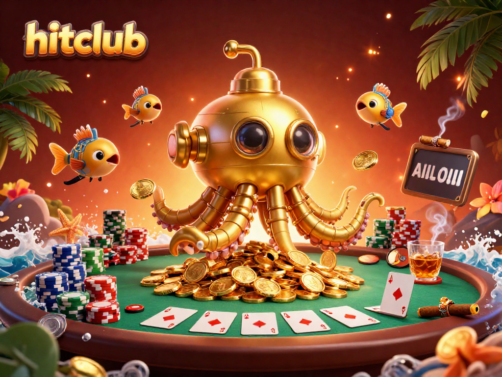 Play poker at hitclub with vibrant kraken submarine and golden coins for a winning adventure.