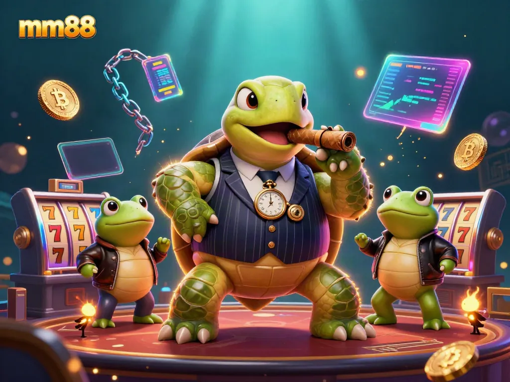 Engage in thrilling gameplay at mm88 with a lively 3D casino scene featuring a snapping turtle mobster and vibrant gambling symbols.