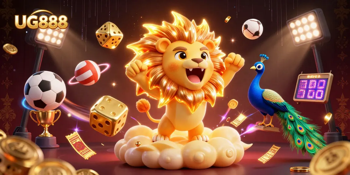 Join the excitement at UG888 with dynamic sports elements and a majestic lion in an animated casino scene.