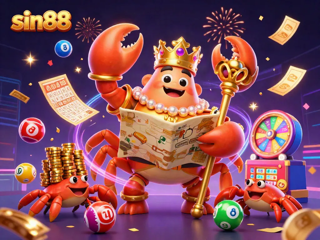Experience the thrill of sin88 with a golden crab emperor amidst colorful lottery elements and a vibrant casino atmosphere.