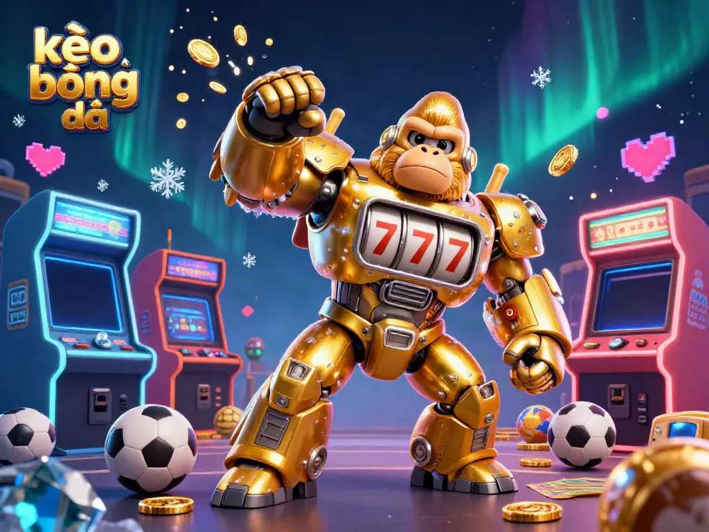 Experience captivating kèo bóng đá action with a golden gorilla mech, dynamic sports themes, and vibrant colors.