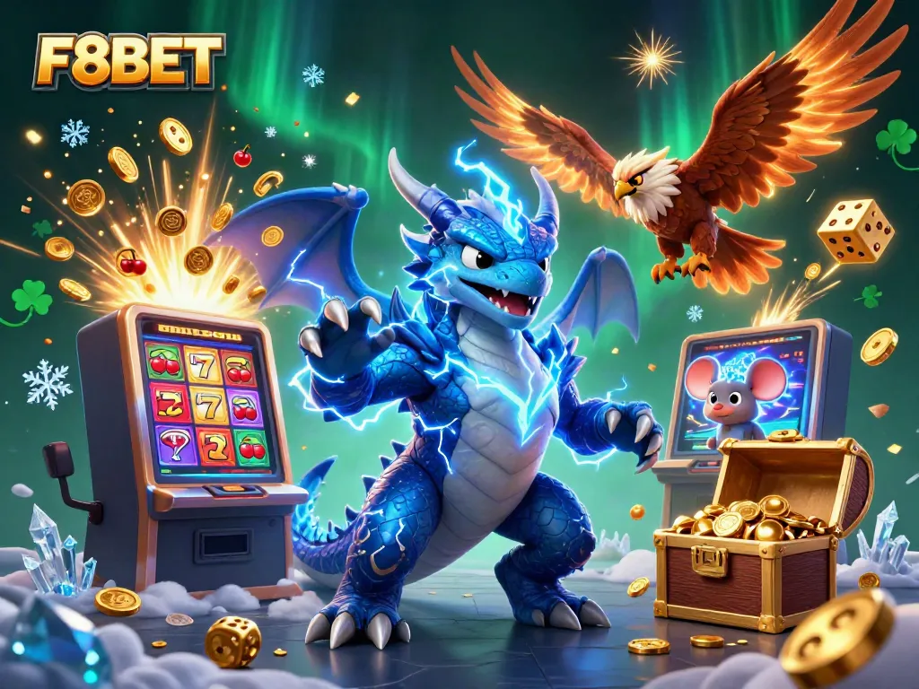 Experience the thrills of F8BET with a colorful and dynamic scene of a jackpot explosion and vibrant casino characters.