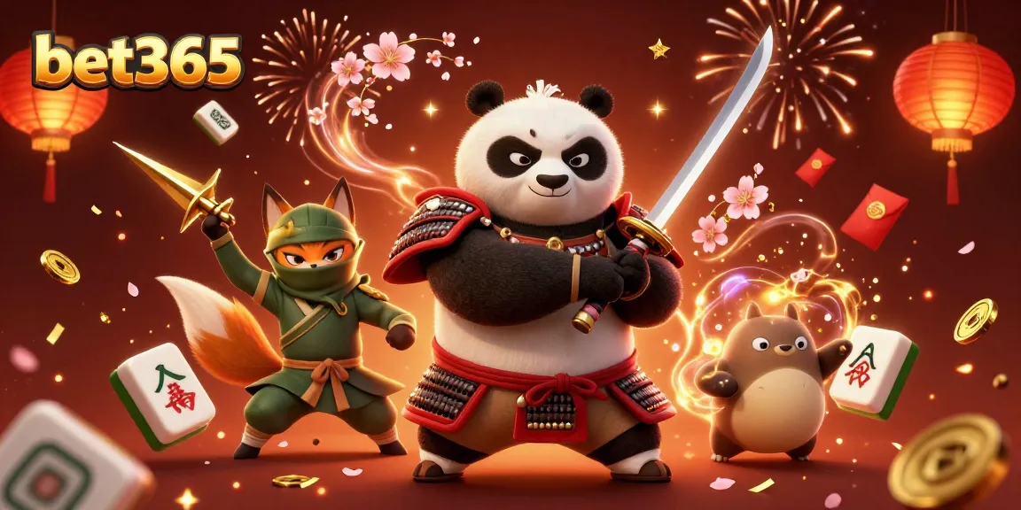 Bet365 showcases a vibrant scene of a samurai panda, ninja fox, and spirit tanuki in action, surrounded by festive gambling elements.