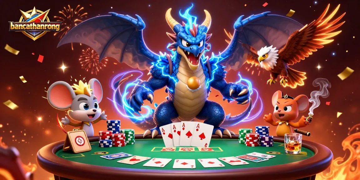 Engage in thrilling poker action with bancathanrong featuring a fierce dragon, hawk, and static mouse surrounded by vibrant chips.