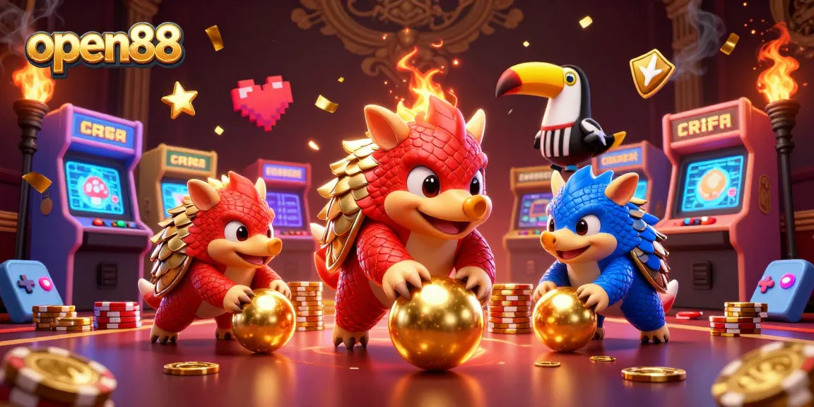 Experience gaming action at open88 with a vibrant scene of pangolins playing and rolling through poker chips.