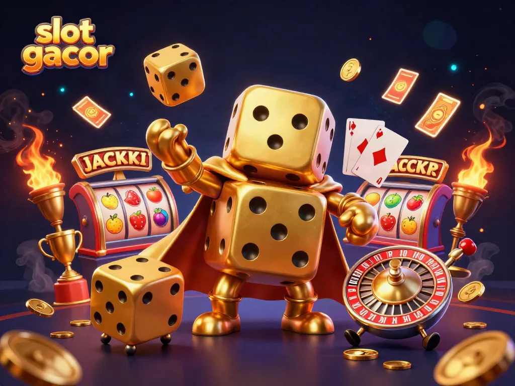 Experience slot gacor excitement with dynamic golden dice, slot reels, and festive elements.