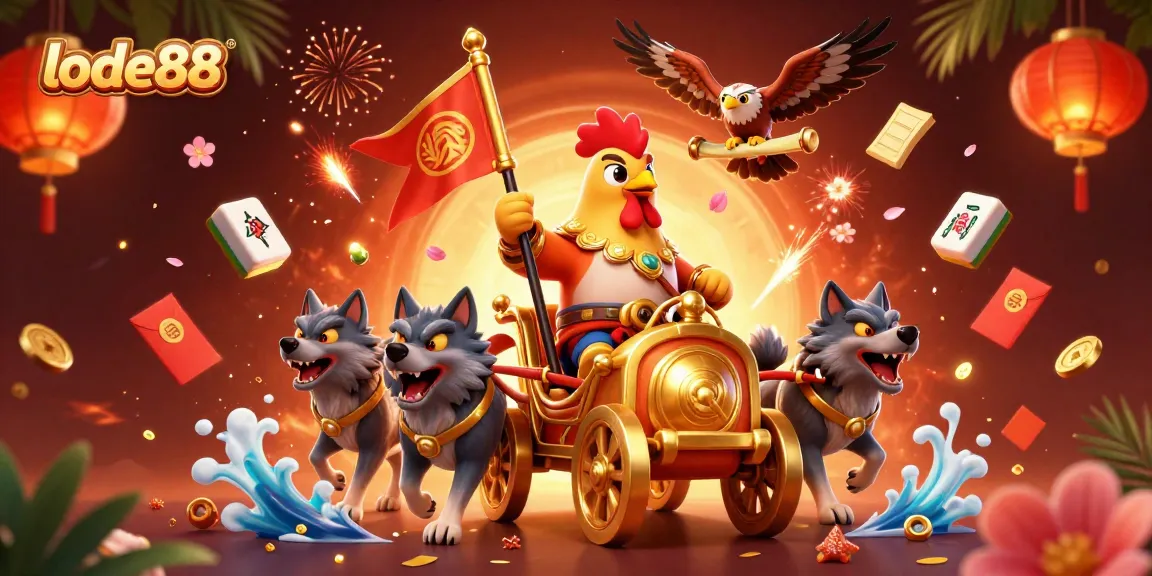 Experience the excitement of lode88 with a dynamic scene featuring a rooster warlord and casino elements.