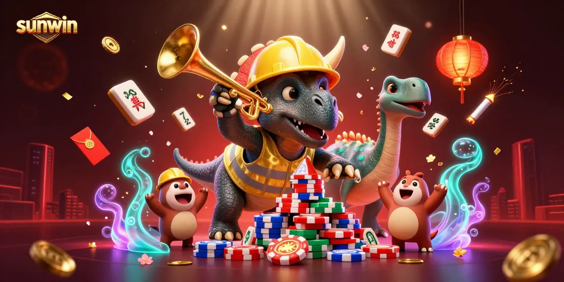 Join the excitement of sunwin as a triceratops builds a poker chip pyramid while fireworks celebrate!