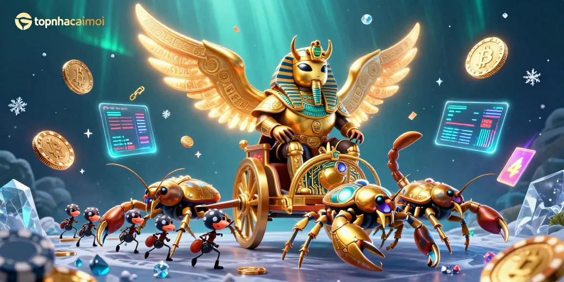 Catch exhilarating wins with topnhacaimoi featuring a golden scarab beetle, scorpions, and crypto elements in a vibrant casino scene.