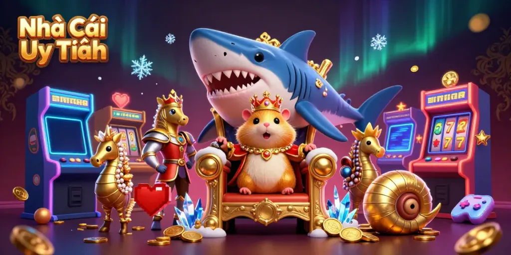 Engaging scene of a hamster king on a shark tooth throne, representing Nhà Cái Uy Tín and vibrant casino elements.