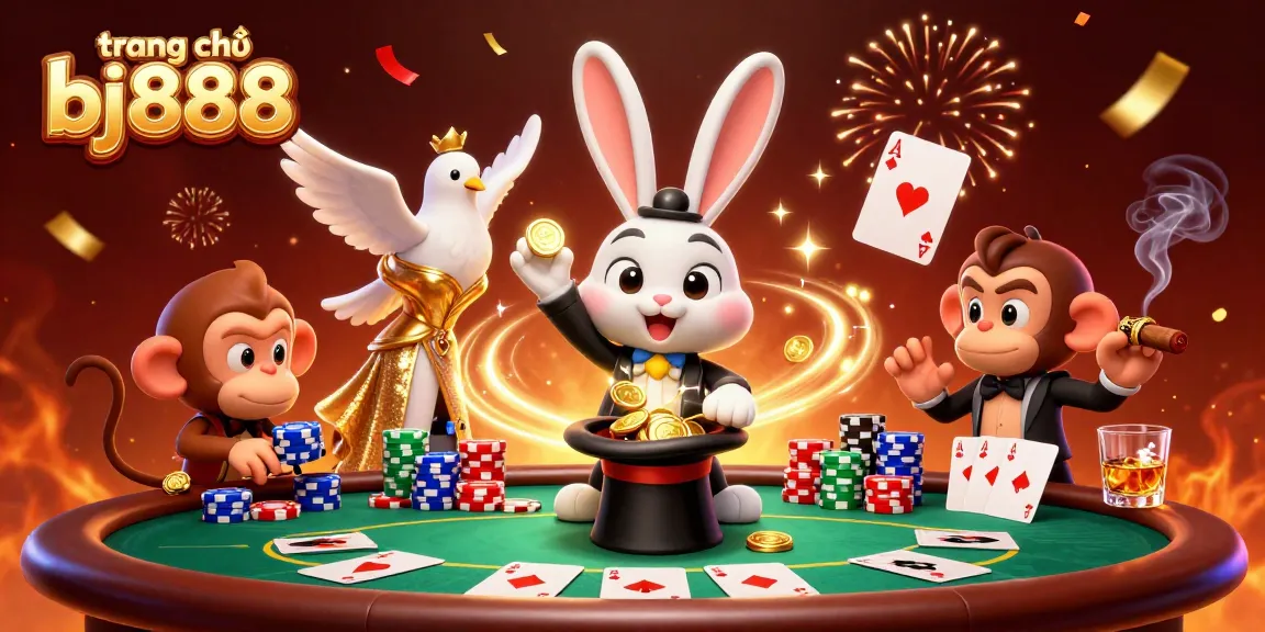 Engage with the fun atmosphere of trang chủ bj888 as a cartoon magician rabbit dazzles with golden coins and poker chips in a vibrant casino scene.
