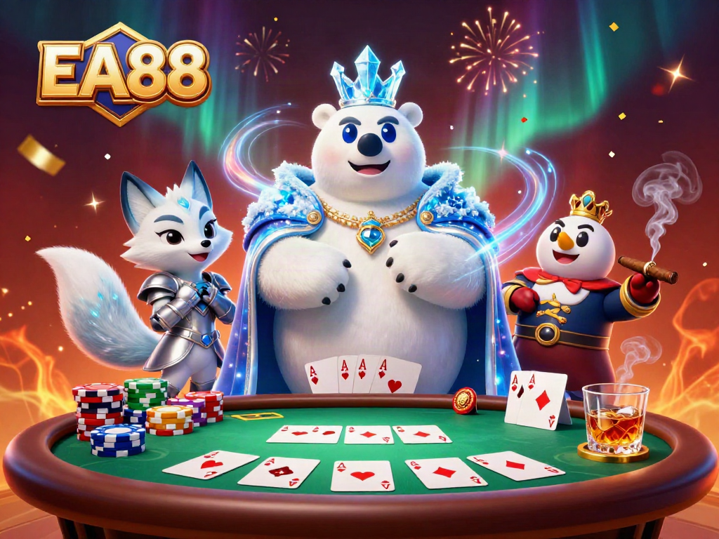 EA88 ice king polar bear and snow fox engage in a lively poker scene with vibrant energy.