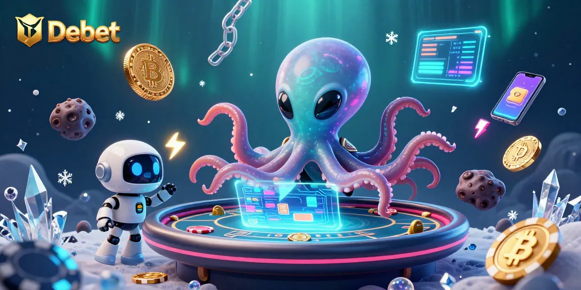 Debet's alien octopus operates a poker table surrounded by cryptocurrency elements in a dynamic casino scene.