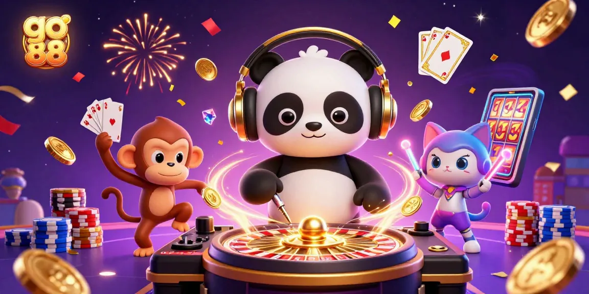 Experience the excitement of go 88 with lively characters spinning roulette and dancing in a vibrant casino scene.
