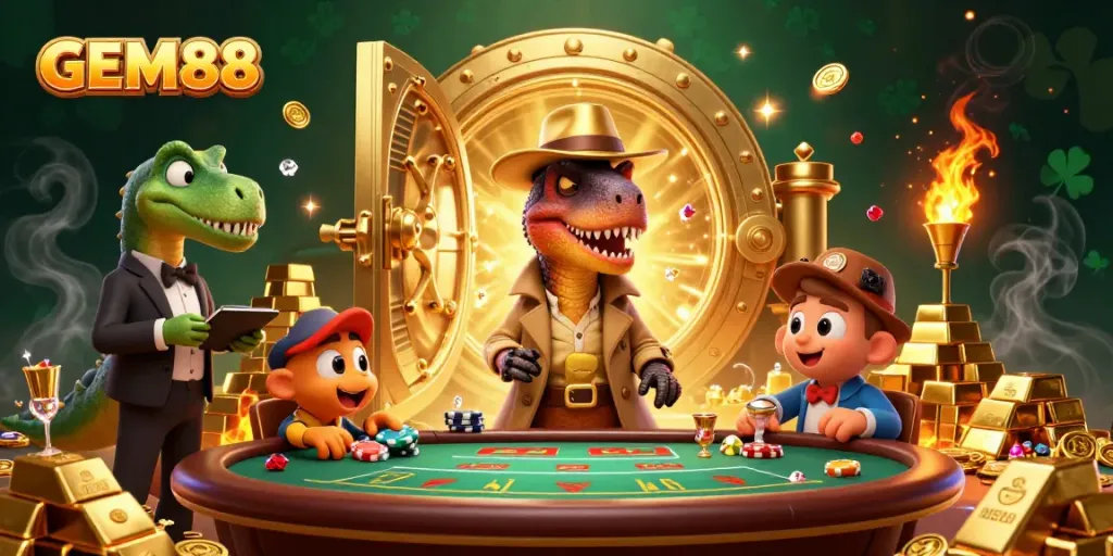 Experience GEM88's thrilling casino atmosphere with dinosaurs engaged in mischievous antics, surrounded by vibrant treasures.