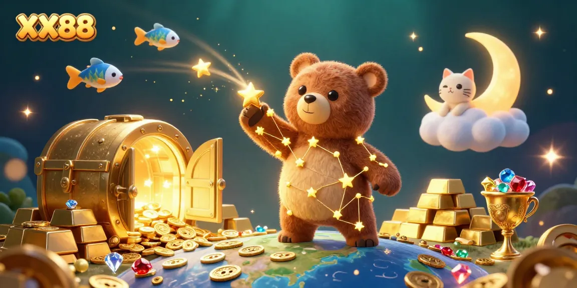 Experience the magic of XX88 with vibrant 3D illustration featuring treasures and whimsical characters.