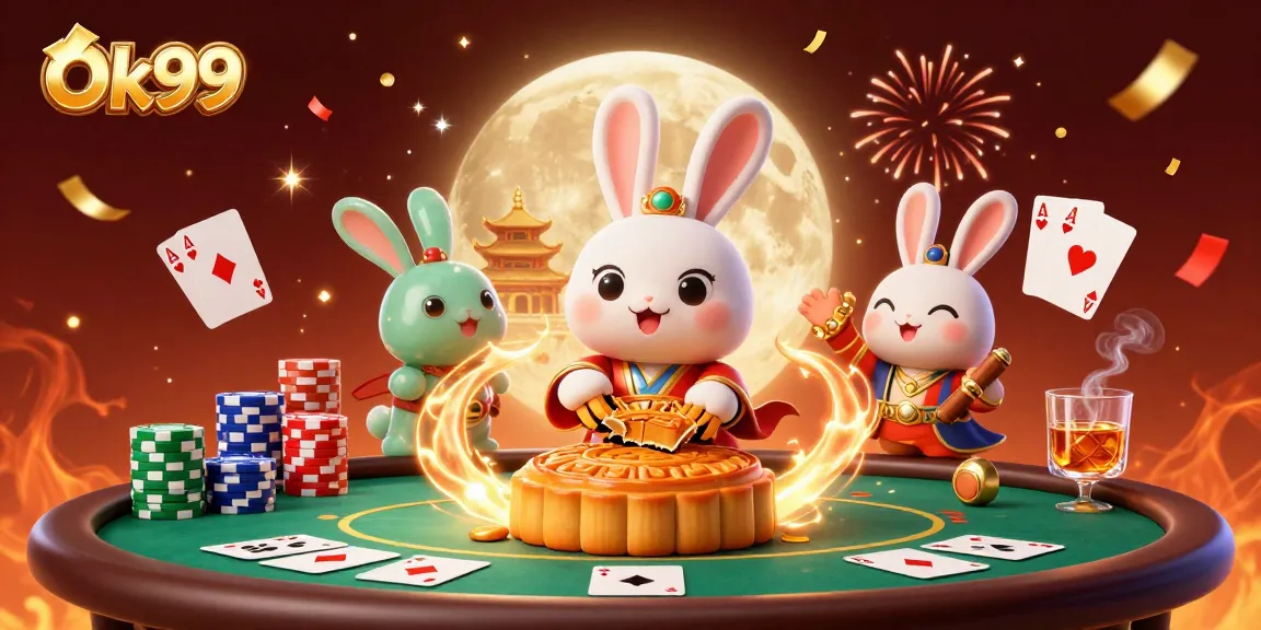 Experience rich gaming at Ok99 with a festive 3D cartoon scene featuring poker elements and thematic characters.