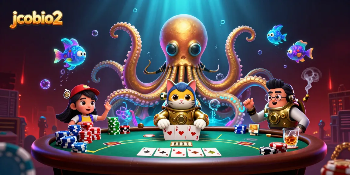 Experience big wins at jcobio2 with a vibrant poker scene featuring a kraken and a diving cat.
