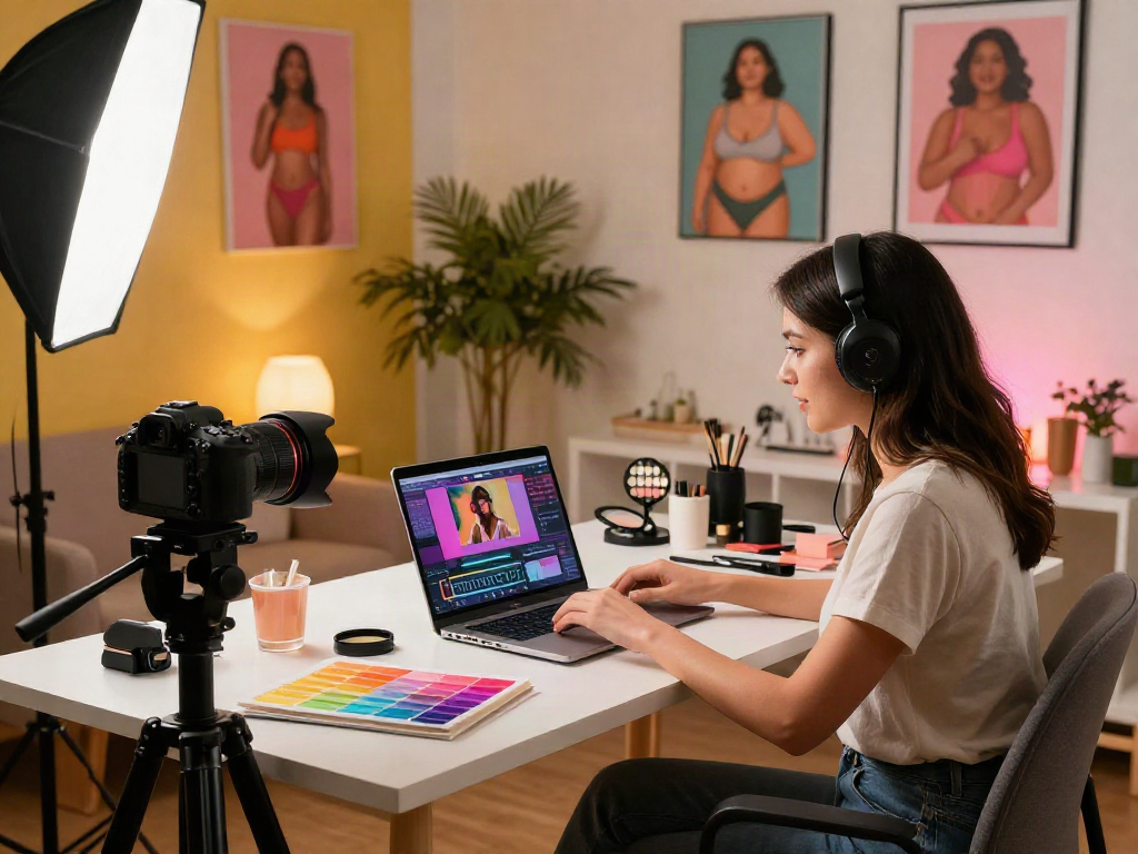 Creative nsfw ai studio setting with content creator editing vibrant visual content.