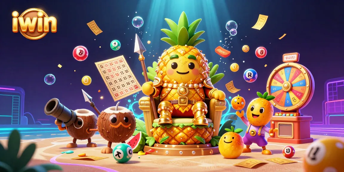 Try your luck with the iwin casino games featuring a vibrant scene of a golden pineapple king and characters.