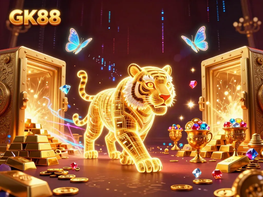 Experience the excitement of GK88 with a neon-wireframe tiger navigating a vibrant casino scene.