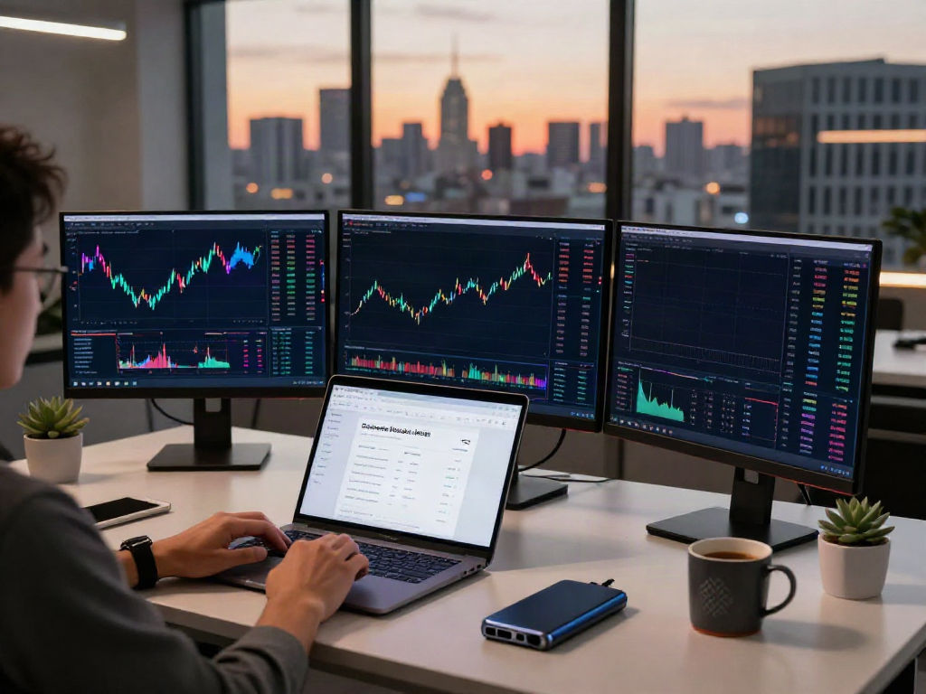 Telegram Stars and gifts showcased in a modern trading workspace with cryptocurrency charts and devices.