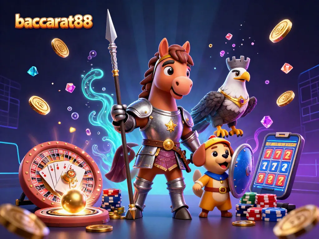 Baccarat88 showcases thrilling gameplay as a knight, squire, and falcon celebrate winnings.