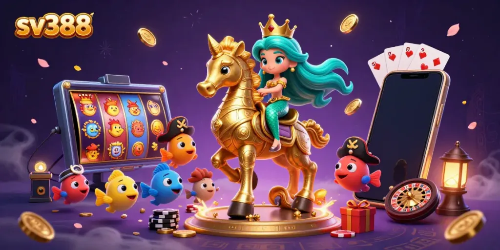 Experience the excitement of sv388 with a mermaid princess in a casino scene featuring vibrant games and characters.