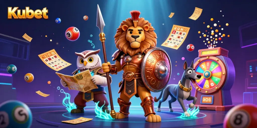 Kubet showcases a vibrant 3D scene with colorful lottery balls amidst a heroic Spartan lion and strategic owl, enhancing the gaming excitement.