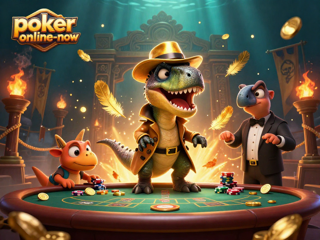 Experience poker-online-now with a velociraptor card counter at a blackjack table in vibrant, animated gambling scene.